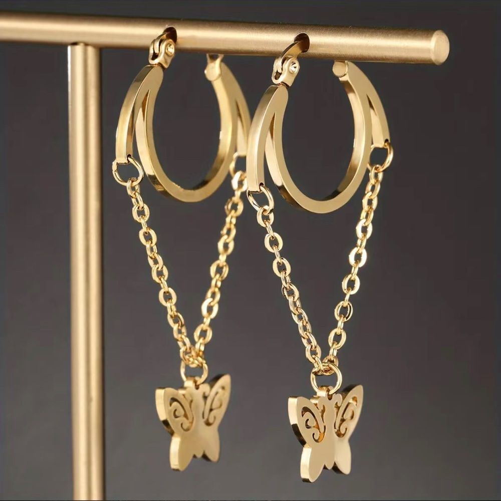 Stainless Steel Hollow Butterfly Drop Earrings For Women 18K Gold Plated